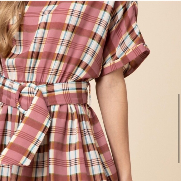 Mauve plaid belted woven lightweight mini dress - Picture 3 of 3